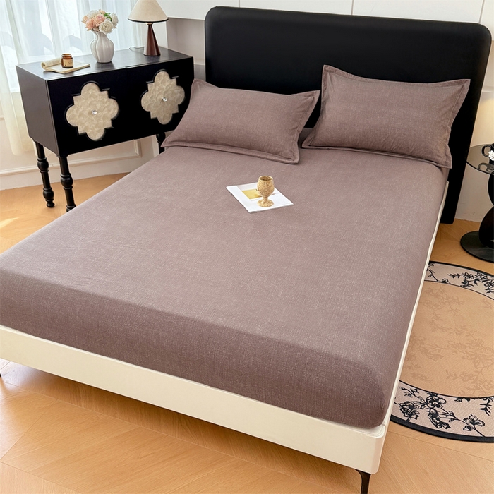 91家纺网 家纺一手货源 找家纺 梦舒羽 2025新款原麻床笠机洗家用防滑透气四季款床罩床垫床单保护套 慕斯咖