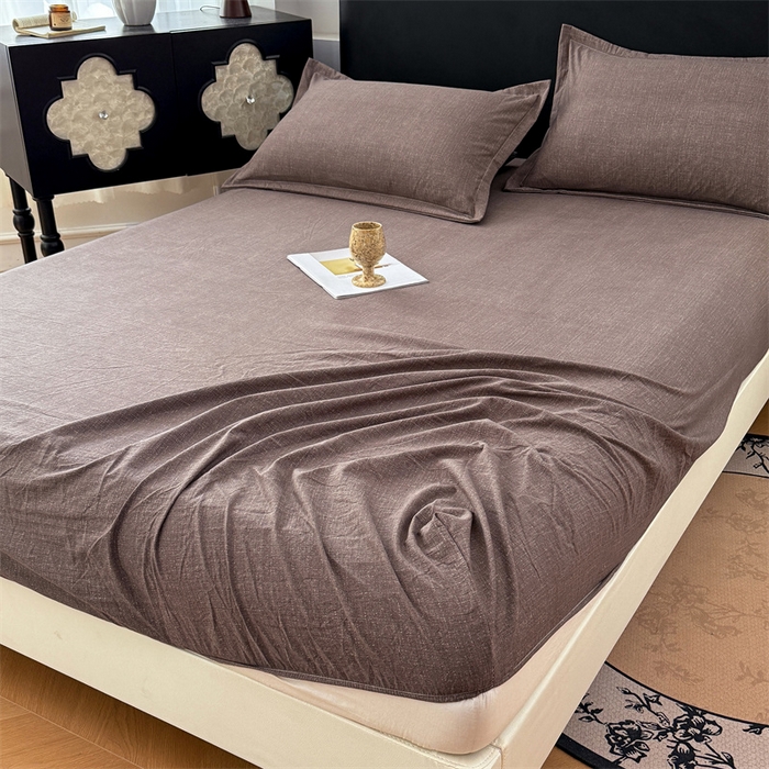 91家纺网 家纺一手货源 找家纺 梦舒羽 2025新款原麻床笠机洗家用防滑透气四季款床罩床垫床单保护套 慕斯咖