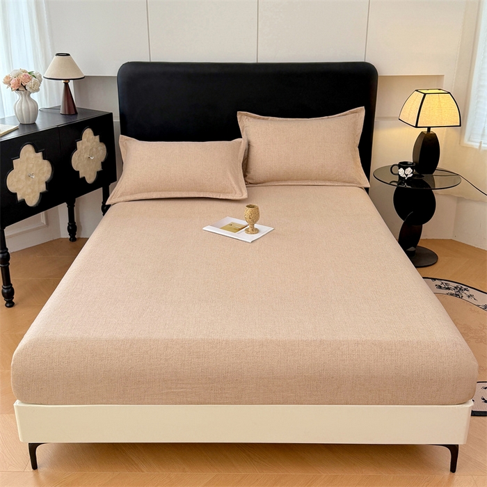 91家纺网 家纺一手货源 找家纺 梦舒羽 2025新款原麻床笠机洗家用防滑透气四季款床罩床垫床单保护套 暖卡其