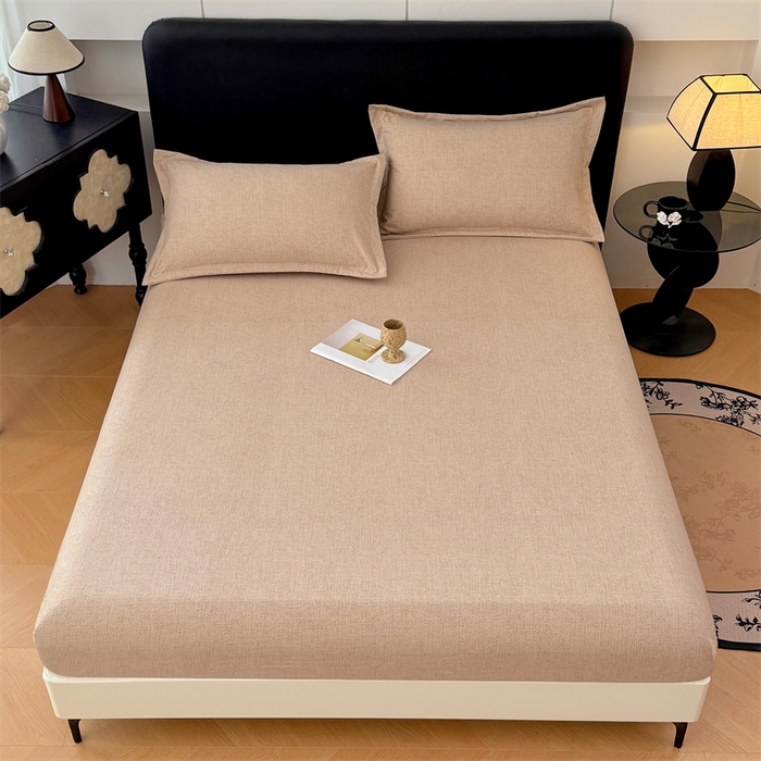 91家纺网 家纺一手货源 找家纺 梦舒羽 2025新款原麻床笠机洗家用防滑透气四季款床罩床垫床单保护套 暖卡其