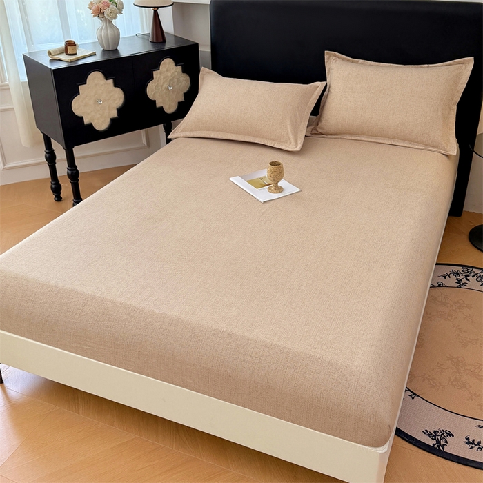 91家纺网 家纺一手货源 找家纺 梦舒羽 2025新款原麻床笠机洗家用防滑透气四季款床罩床垫床单保护套 暖卡其