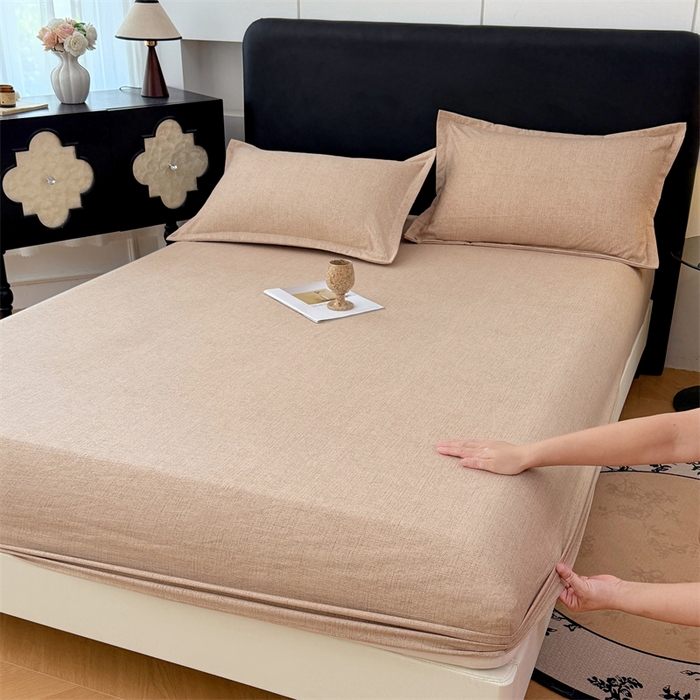 91家纺网 家纺一手货源 找家纺 梦舒羽 2025新款原麻床笠机洗家用防滑透气四季款床罩床垫床单保护套 暖卡其