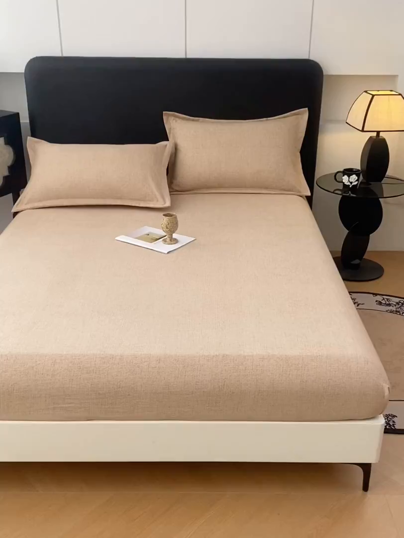 91家纺网 家纺一手货源 找家纺 梦舒羽 2025新款原麻床笠机洗家用防滑透气四季款床罩床垫床单保护套 暖卡其