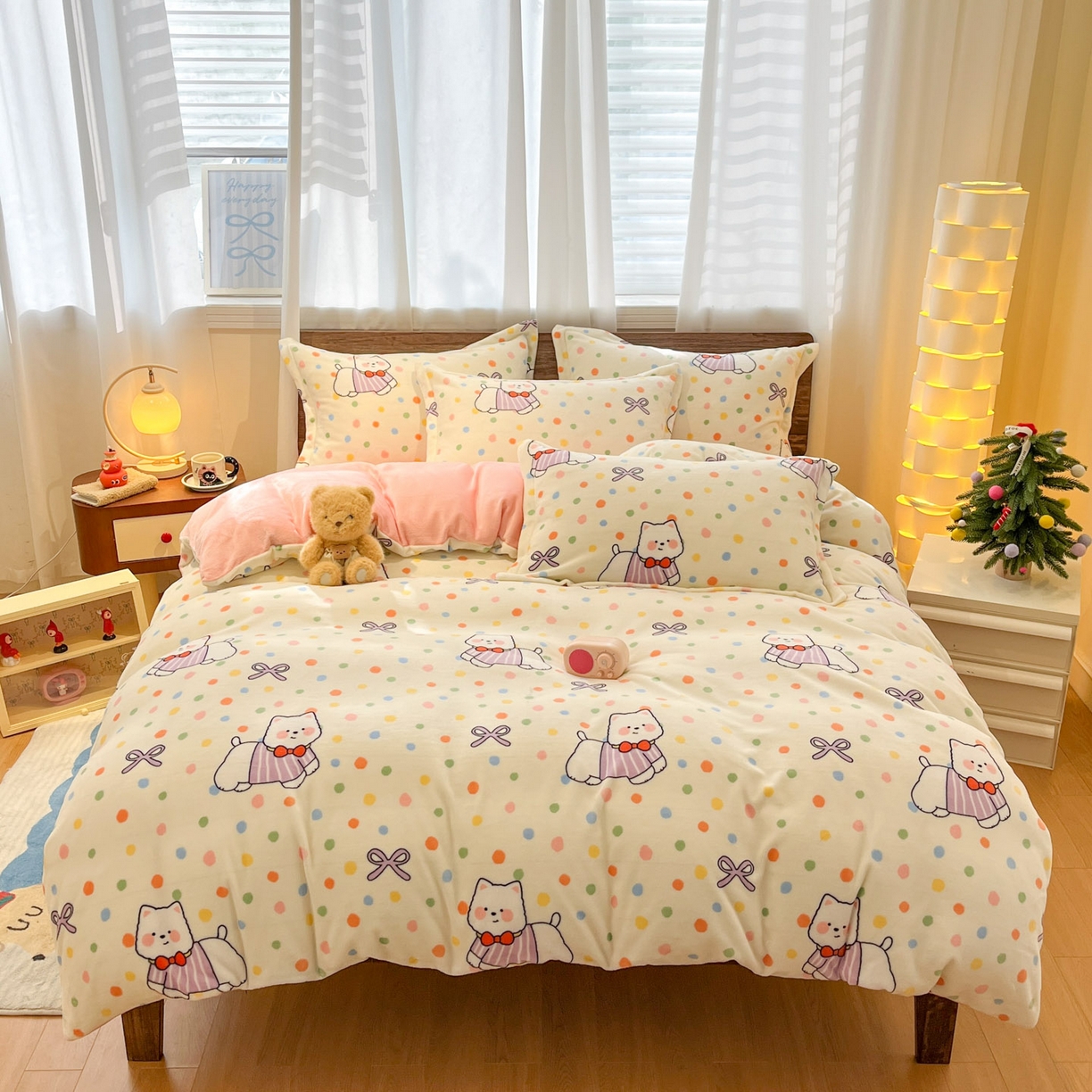 91家纺网 家纺一手货源 找家纺 寻米 2025新款高克重加厚保暖牛奶绒四件套-第一批 彩虹小狗