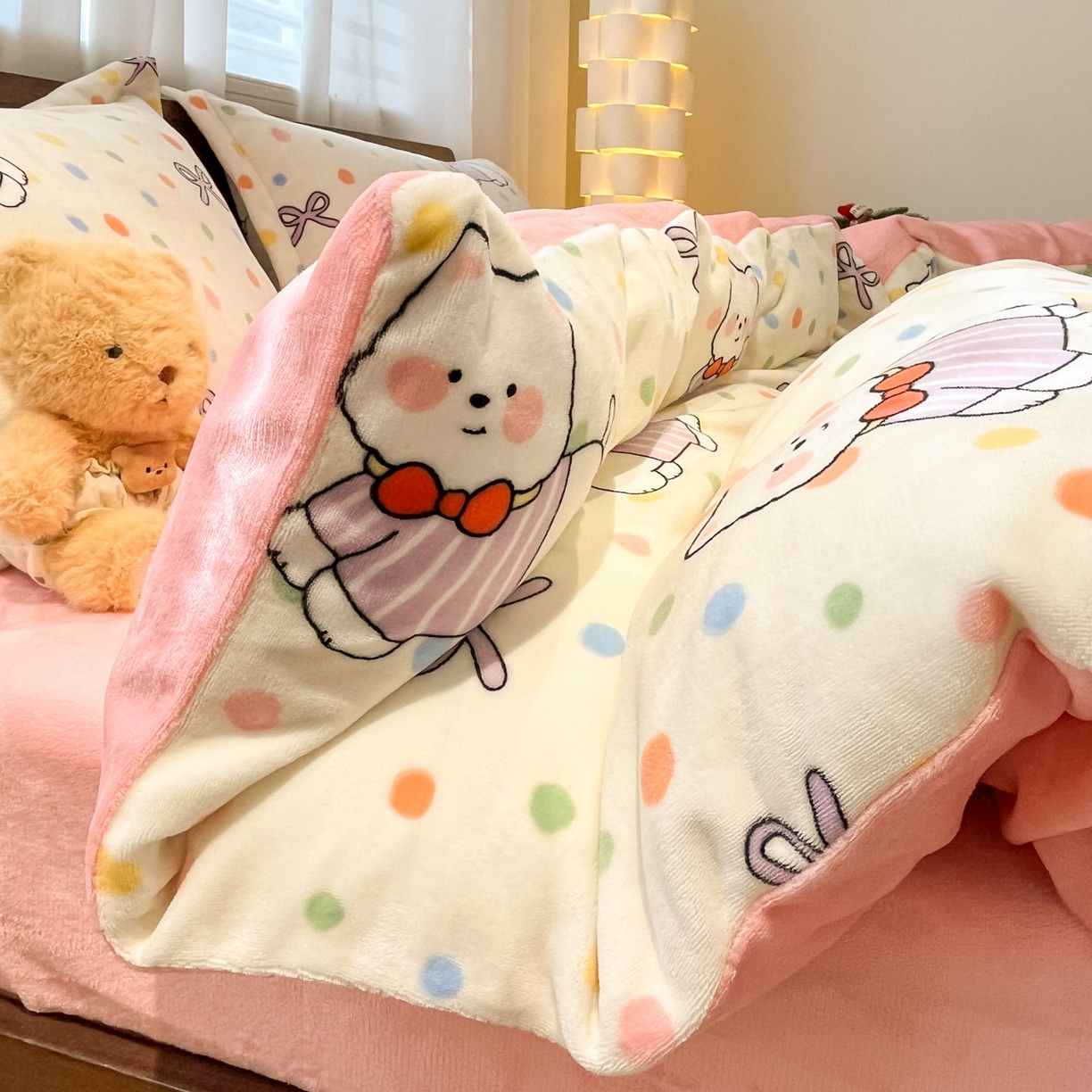 91家纺网 家纺一手货源 找家纺 寻米 2025新款高克重加厚保暖牛奶绒四件套-第一批 彩虹小狗