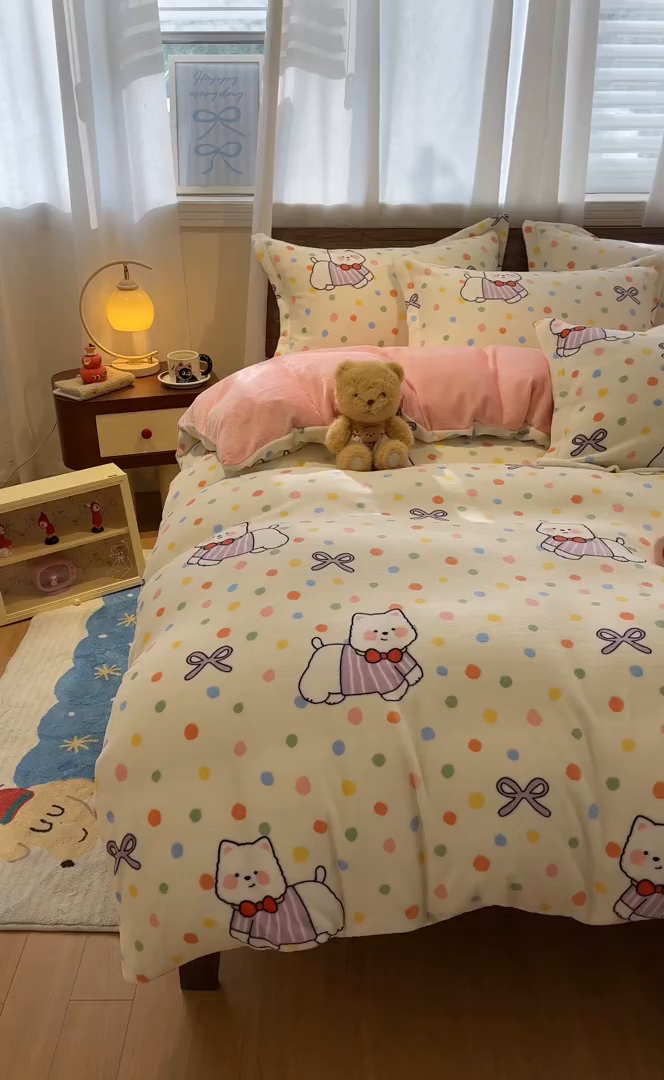 91家纺网 家纺一手货源 找家纺 寻米 2025新款高克重加厚保暖牛奶绒四件套-第一批 彩虹小狗