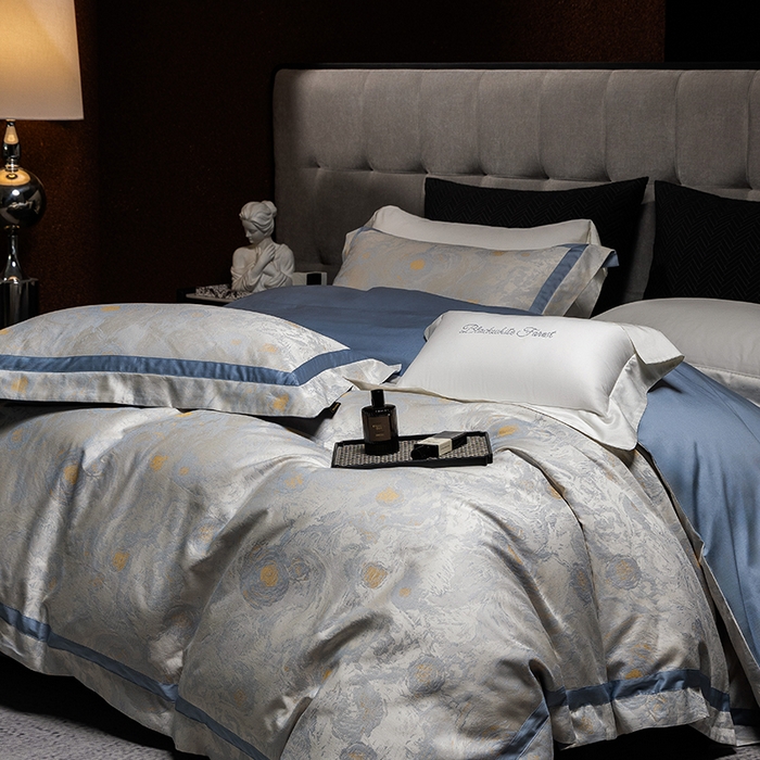 91家纺网 家纺一手货源 找家纺 黑白森林 2025新款100S全棉纯棉双股色经色纬大提花四件套 星空絮语