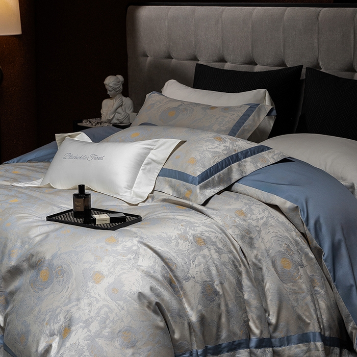 91家纺网 家纺一手货源 找家纺 黑白森林 2025新款100S全棉纯棉双股色经色纬大提花四件套 星空絮语