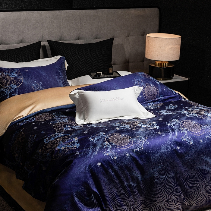 91家纺网 家纺一手货源 找家纺 黑白森林 2025新款100S全棉纯棉双股色经色纬大提花四件套 行空