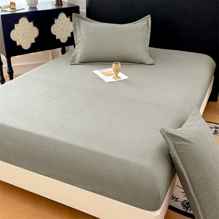 91家纺网 家纺一手货源 找家纺 梦舒羽 2025新款原麻床笠机洗家用防滑透气四季款床罩床垫床单保护套 云杉绿