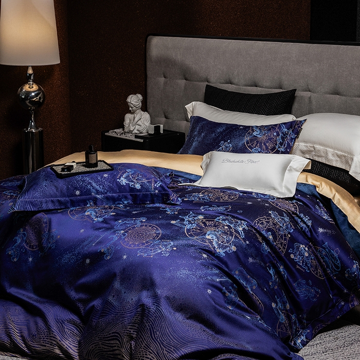 91家纺网 家纺一手货源 找家纺 黑白森林 2025新款100S全棉纯棉双股色经色纬大提花四件套 行空