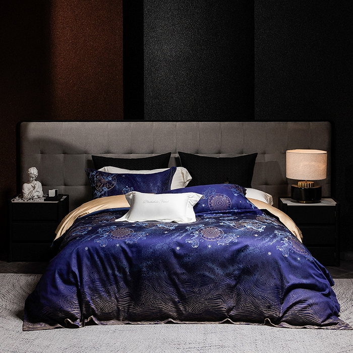 91家纺网 家纺一手货源 找家纺 黑白森林 2025新款100S全棉纯棉双股色经色纬大提花四件套 行空