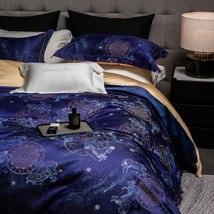 91家纺网 家纺一手货源 找家纺 黑白森林 2025新款100S全棉纯棉双股色经色纬大提花四件套 行空