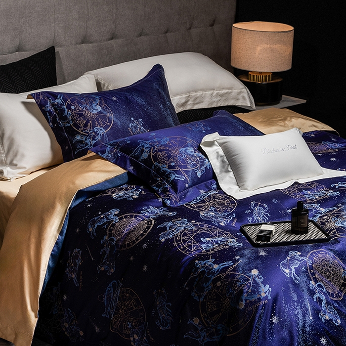 91家纺网 家纺一手货源 找家纺 黑白森林 2025新款100S全棉纯棉双股色经色纬大提花四件套 行空