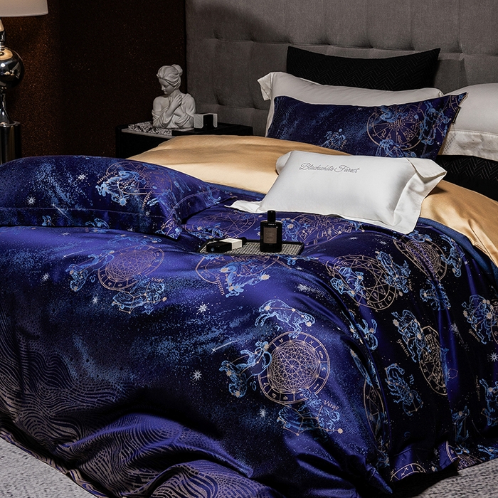 91家纺网 家纺一手货源 找家纺 黑白森林 2025新款100S全棉纯棉双股色经色纬大提花四件套 行空