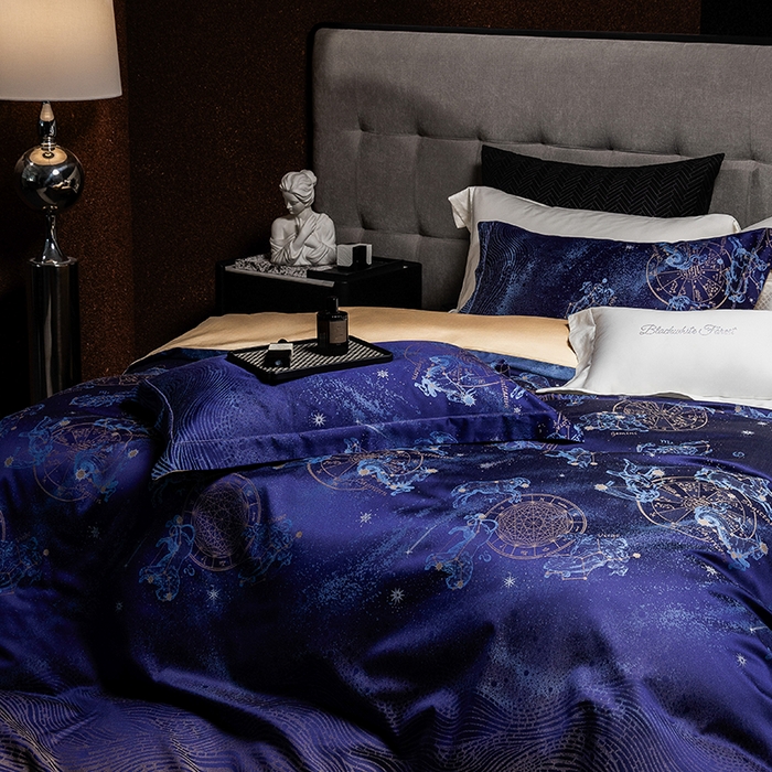 91家纺网 家纺一手货源 找家纺 黑白森林 2025新款100S全棉纯棉双股色经色纬大提花四件套 行空