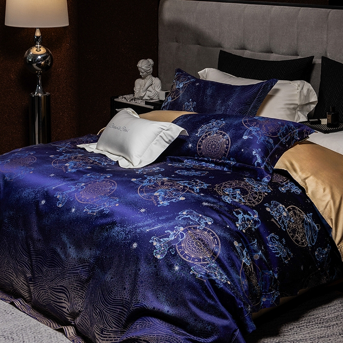 91家纺网 家纺一手货源 找家纺 黑白森林 2025新款100S全棉纯棉双股色经色纬大提花四件套 行空