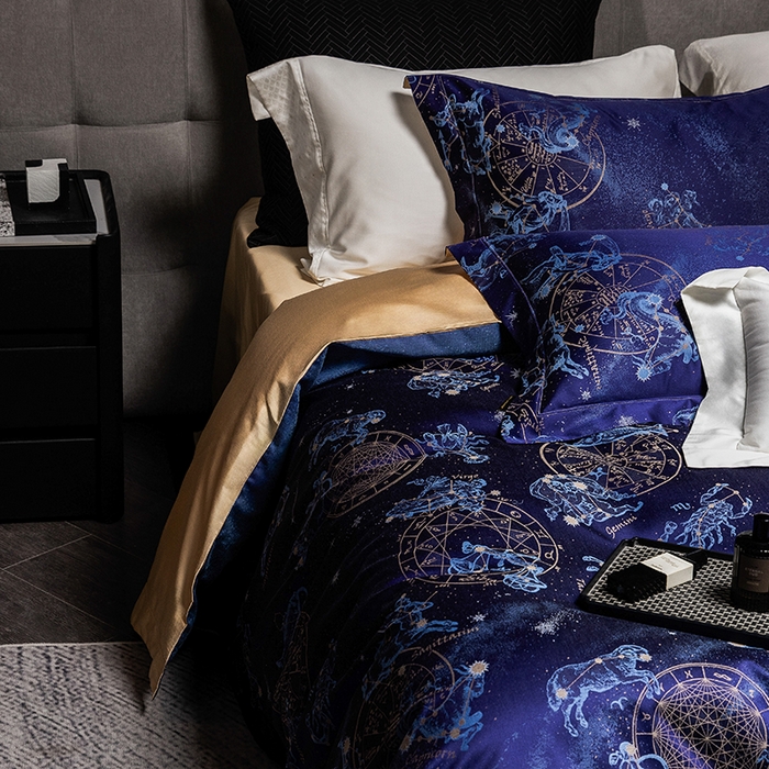 91家纺网 家纺一手货源 找家纺 黑白森林 2025新款100S全棉纯棉双股色经色纬大提花四件套 行空