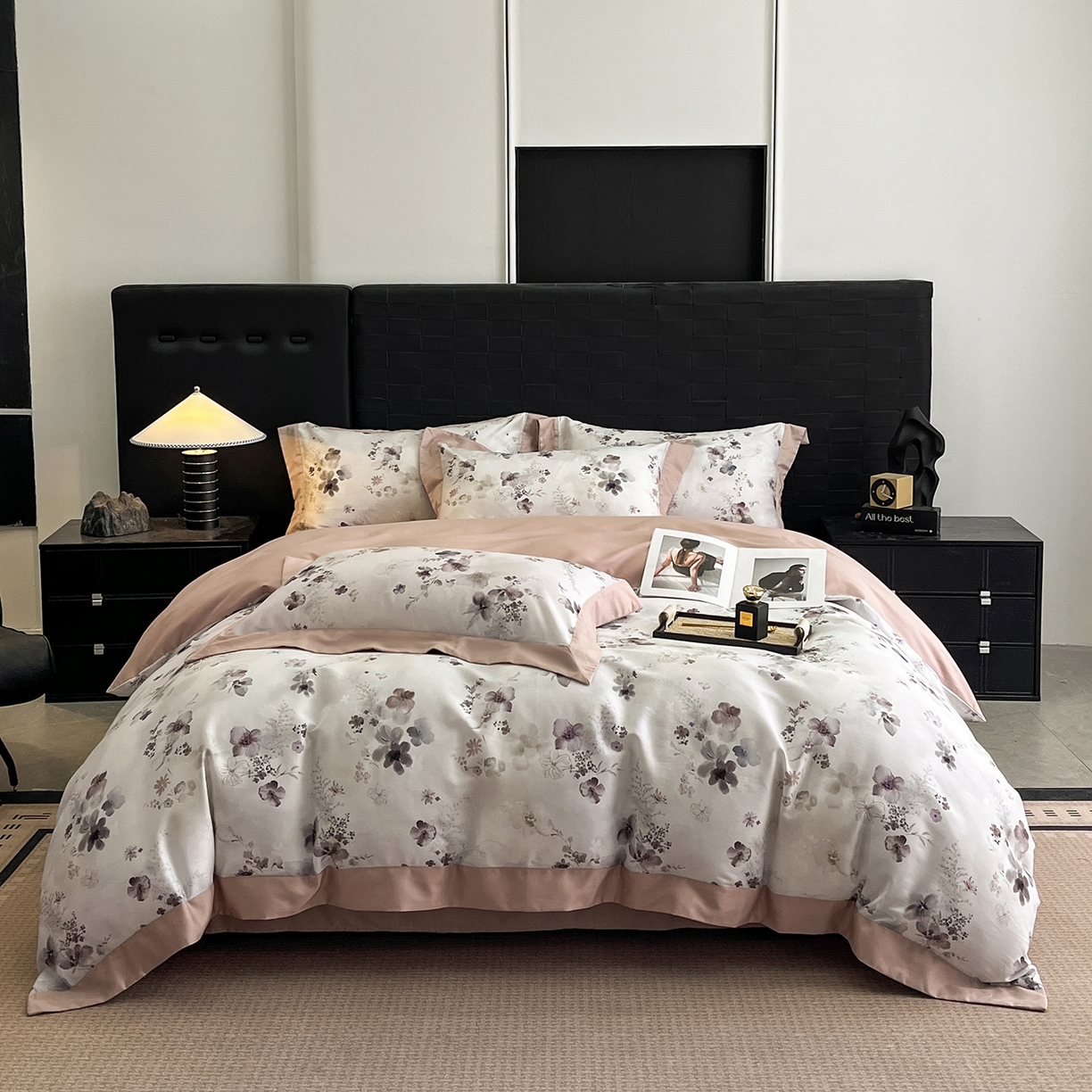 91家纺网 家纺一手货源 找家纺 慕晨 2025新款65%莱赛尔32%棉全棉磨毛数码印花宽边高级简奢款中高端四件套直播热款 涧芳