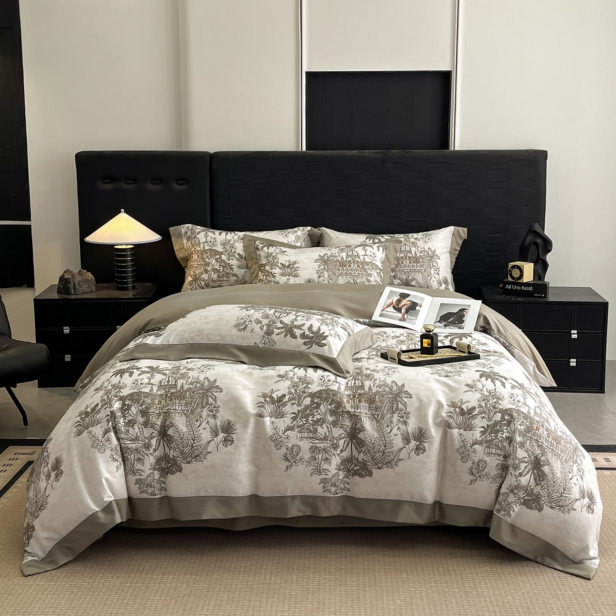 91家纺网 家纺一手货源 找家纺 慕晨 2025新款65%莱赛尔32%棉全棉磨毛数码印花宽边高级简奢款中高端四件套直播热款 景行