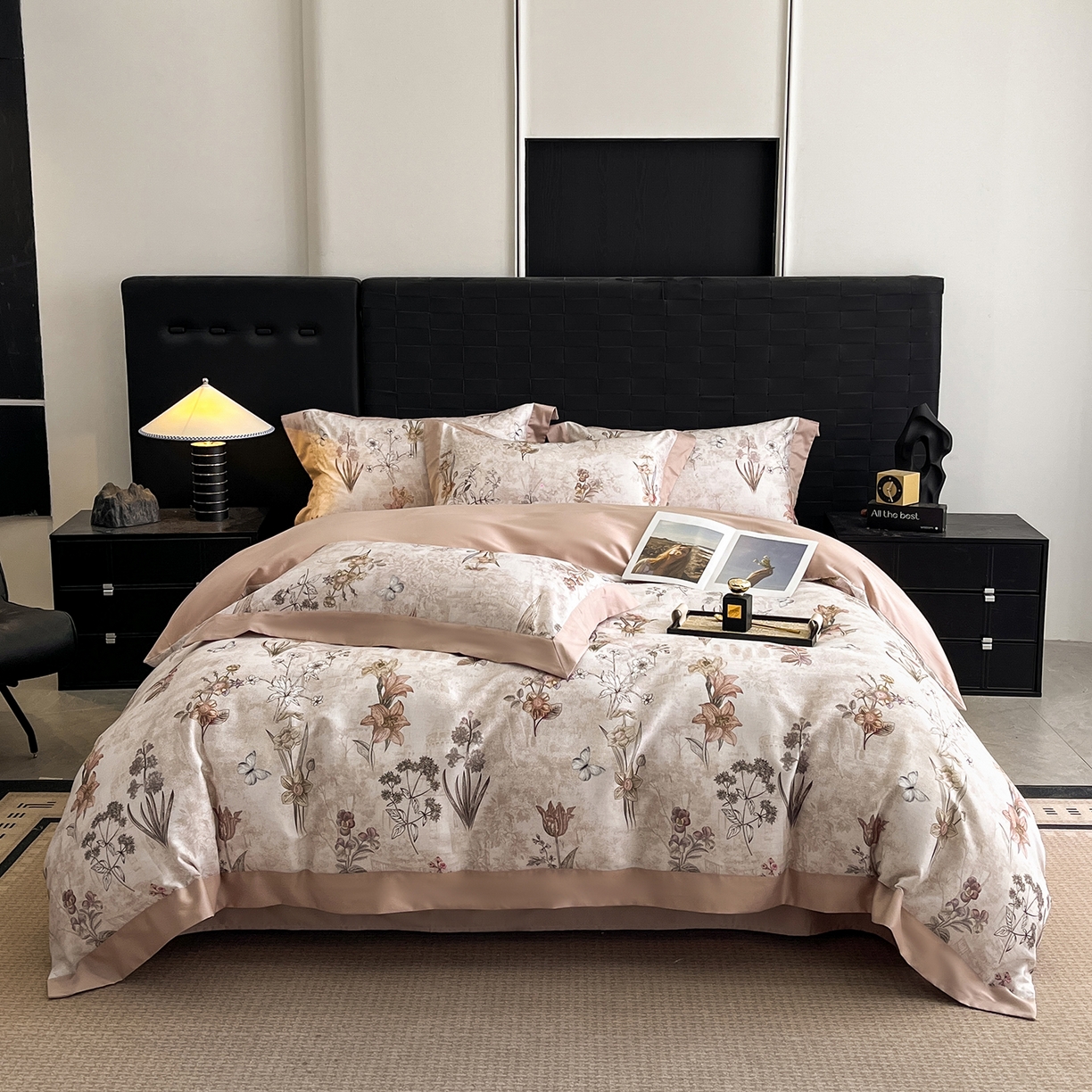 91家纺网 家纺一手货源 找家纺 慕晨 2025新款65%莱赛尔32%棉全棉磨毛数码印花宽边高级简奢款中高端四件套直播热款 岚茜