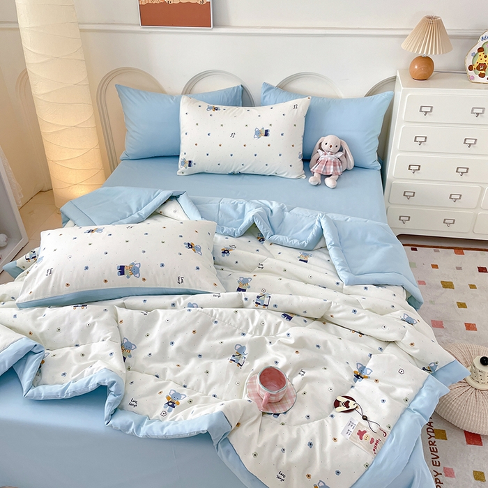 91家纺网 家纺一手货源 找家纺 梵克保罗 2025新款全棉夏被碎花卡通小清新简约纯棉夏凉被夏被四件套三件套 波点小象