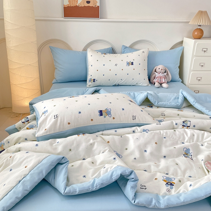 91家纺网 家纺一手货源 找家纺 梵克保罗 2025新款全棉夏被碎花卡通小清新简约纯棉夏凉被夏被四件套三件套 波点小象