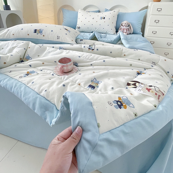 91家纺网 家纺一手货源 找家纺 梵克保罗 2025新款全棉夏被碎花卡通小清新简约纯棉夏凉被夏被四件套三件套 波点小象