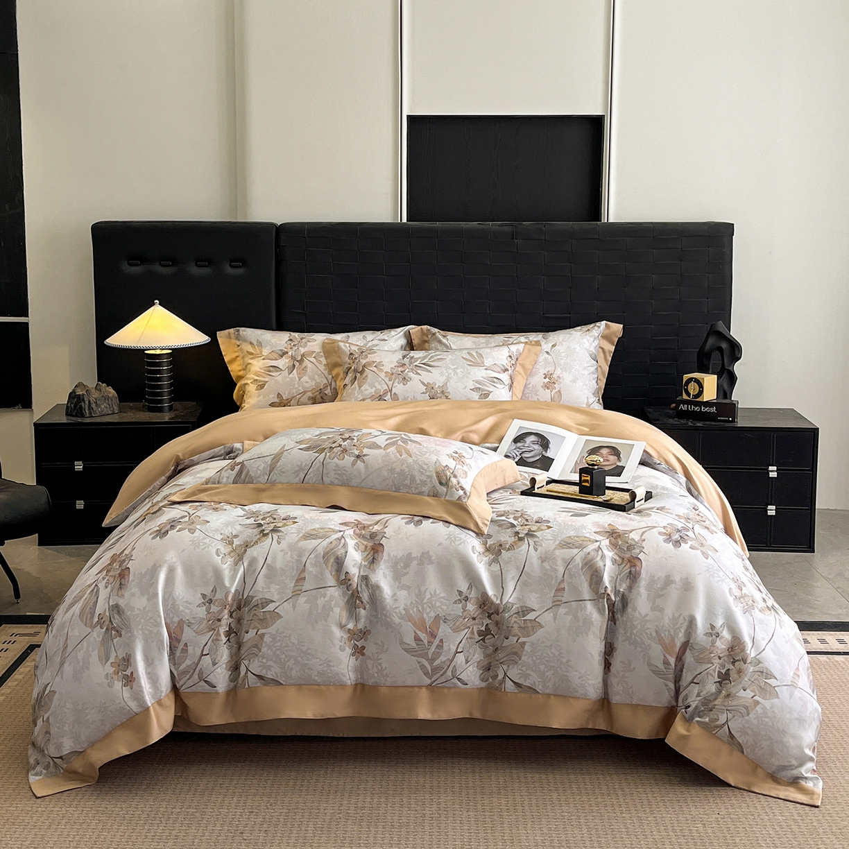 91家纺网 家纺一手货源 找家纺 慕晨 2025新款65%莱赛尔32%棉全棉磨毛数码印花宽边高级简奢款中高端四件套直播热款 砚禾