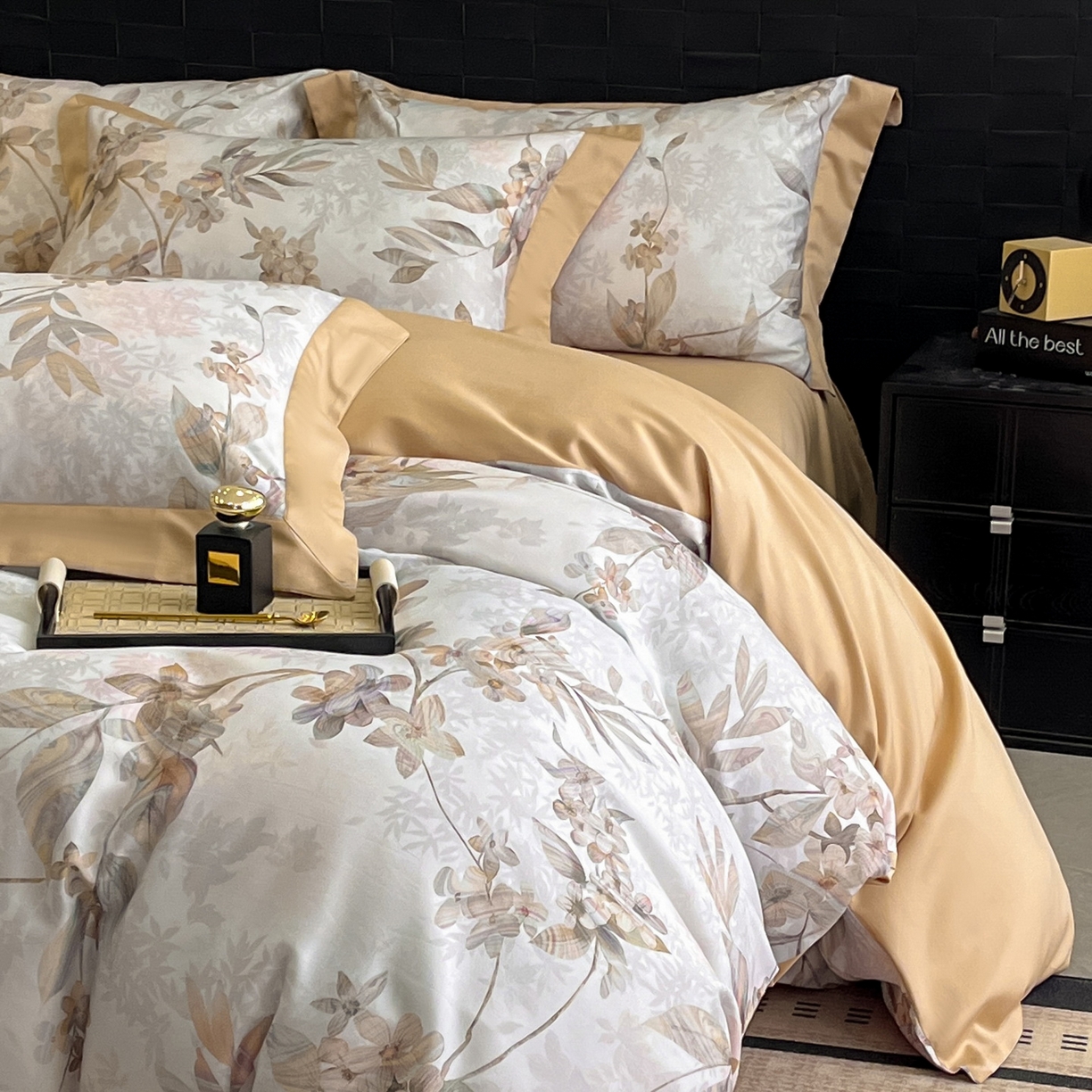 91家纺网 家纺一手货源 找家纺 慕晨 2025新款65%莱赛尔32%棉全棉磨毛数码印花宽边高级简奢款中高端四件套直播热款 砚禾