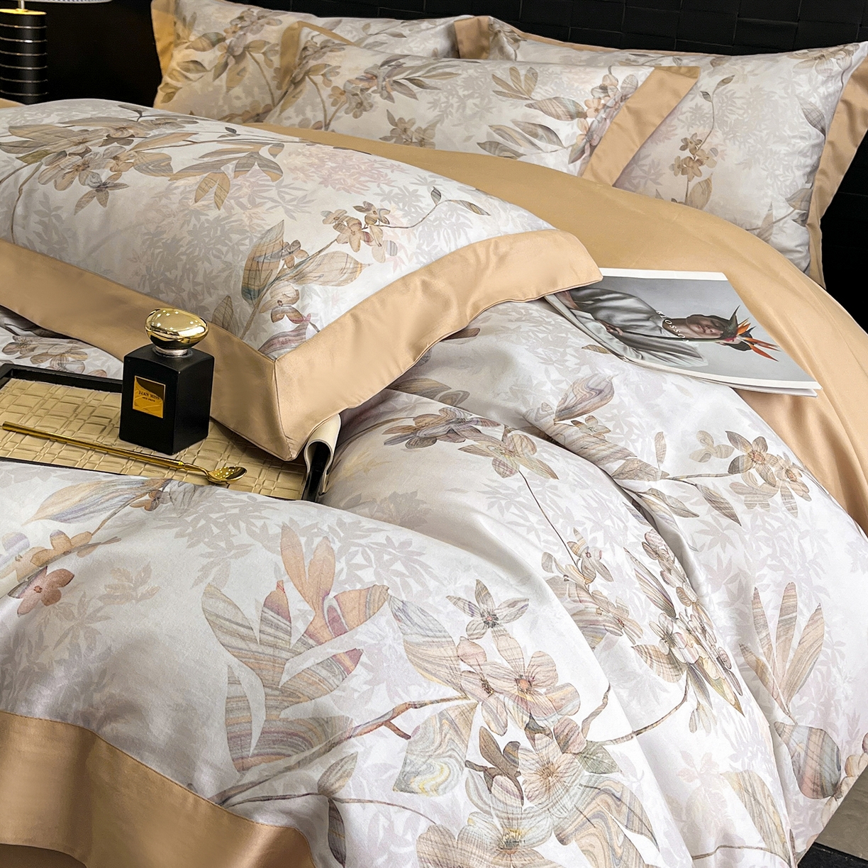 91家纺网 家纺一手货源 找家纺 慕晨 2025新款65%莱赛尔32%棉全棉磨毛数码印花宽边高级简奢款中高端四件套直播热款 砚禾