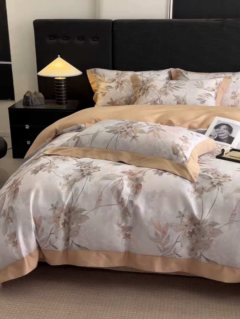 91家纺网 家纺一手货源 找家纺 慕晨 2025新款65%莱赛尔32%棉全棉磨毛数码印花宽边高级简奢款中高端四件套直播热款 砚禾