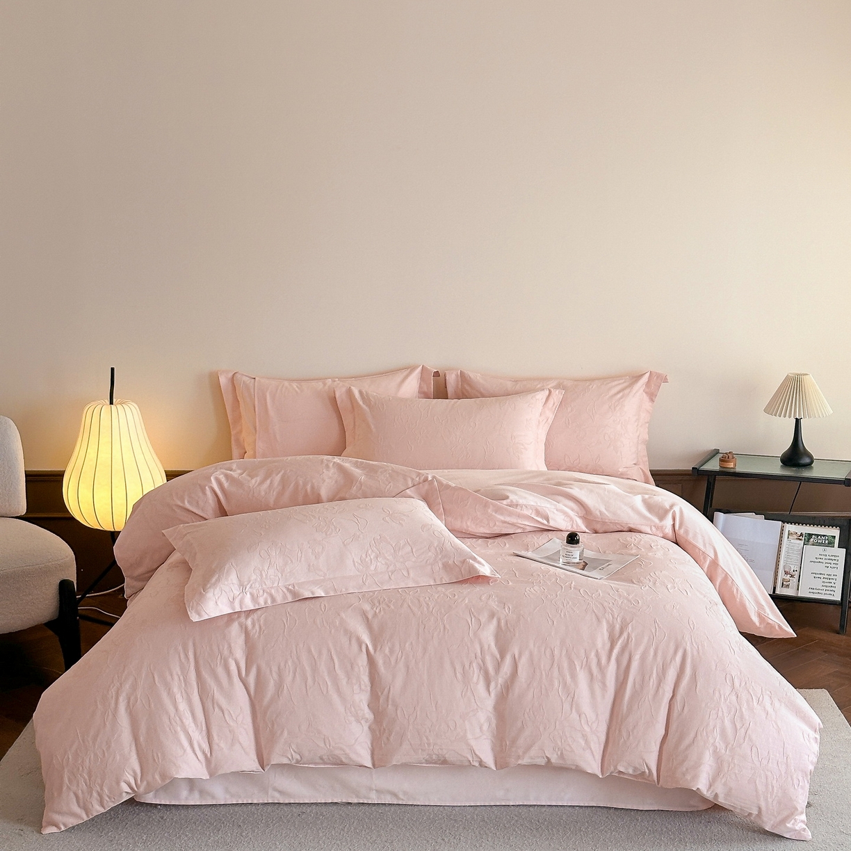 91家纺网 家纺一手货源 找家纺 慕晨 2025新款全棉提花磨毛四件套高级简奢款中高端4件套直播热款 雾芷-粉