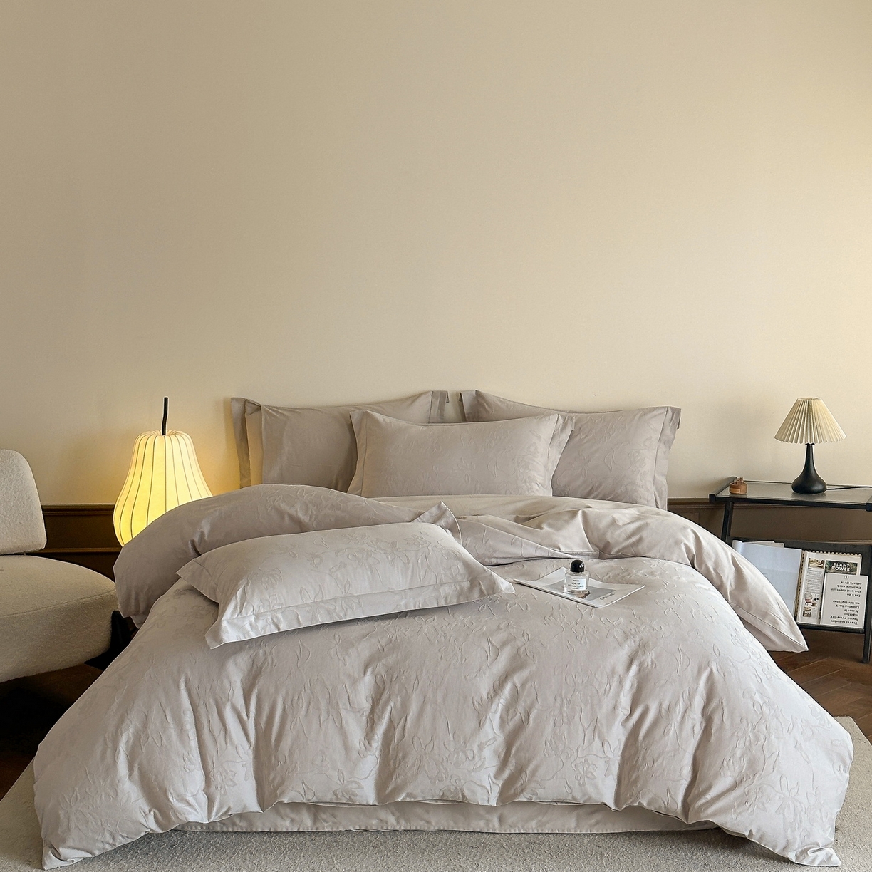 91家纺网 家纺一手货源 找家纺 慕晨 2025新款全棉提花磨毛四件套高级简奢款中高端4件套直播热款 雾芷-灰