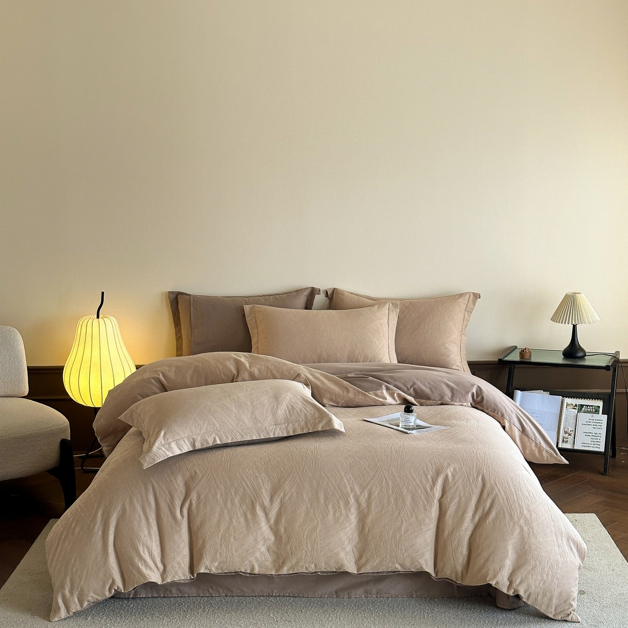 91家纺网 家纺一手货源 找家纺 慕晨 2025新款全棉提花磨毛四件套高级简奢款中高端4件套直播热款 棉语-卡其