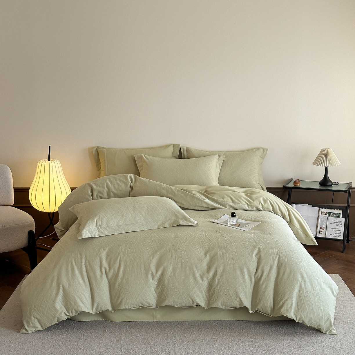 91家纺网 家纺一手货源 找家纺 慕晨 2025新款全棉提花磨毛四件套高级简奢款中高端4件套直播热款 棉语-绿