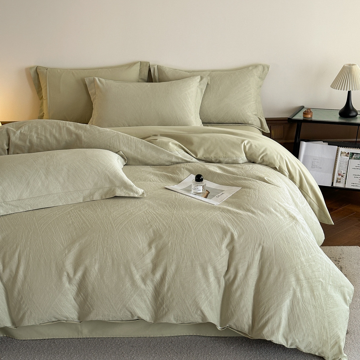 91家纺网 家纺一手货源 找家纺 慕晨 2025新款全棉提花磨毛四件套高级简奢款中高端4件套直播热款 棉语-绿