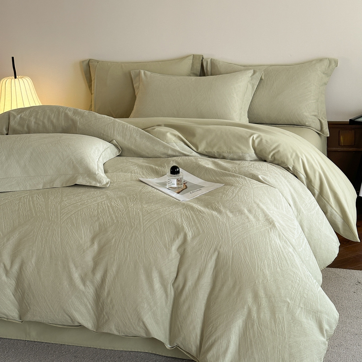 91家纺网 家纺一手货源 找家纺 慕晨 2025新款全棉提花磨毛四件套高级简奢款中高端4件套直播热款 棉语-绿