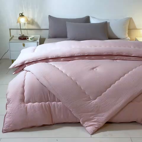 91家纺网 家纺一手货源 找家纺 蓝极人 2025新款涤纶双层纱大豆子母被 被子被芯冬被 白桃粉