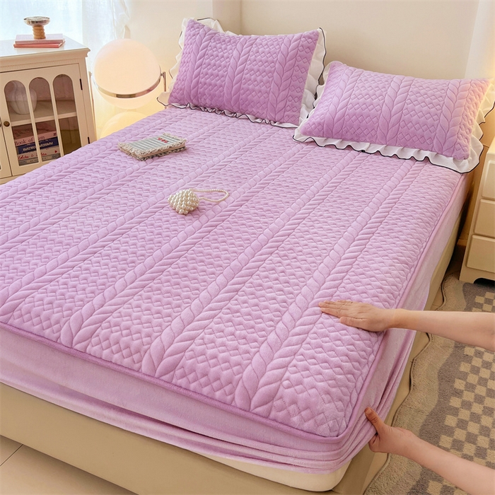 梦舒羽 2025新款牛奶绒夹棉床笠床单床盖床护垫保护罩三件套花边枕套-轻奢 轻奢款-梦幻紫