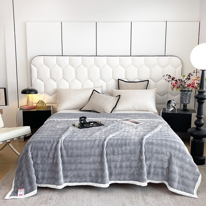 梵克保罗 2025新款仿兔毛泡泡绒牛奶绒毛毯盖毯包边毛毯 银灰