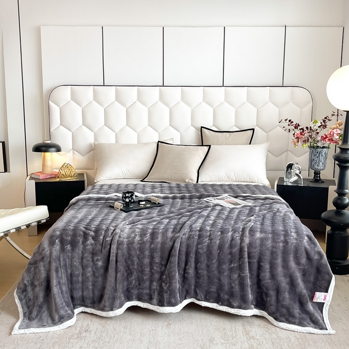 梵克保罗 2025新款仿兔毛泡泡绒牛奶绒毛毯盖毯包边毛毯 深灰