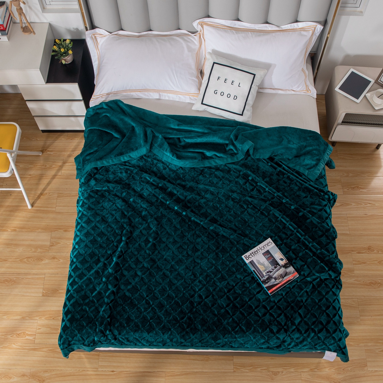 91家纺网 家纺一手货源 找家纺 梵克保罗 2025新款3D立体印花四季盖毯400克 铜钱孔雀绿