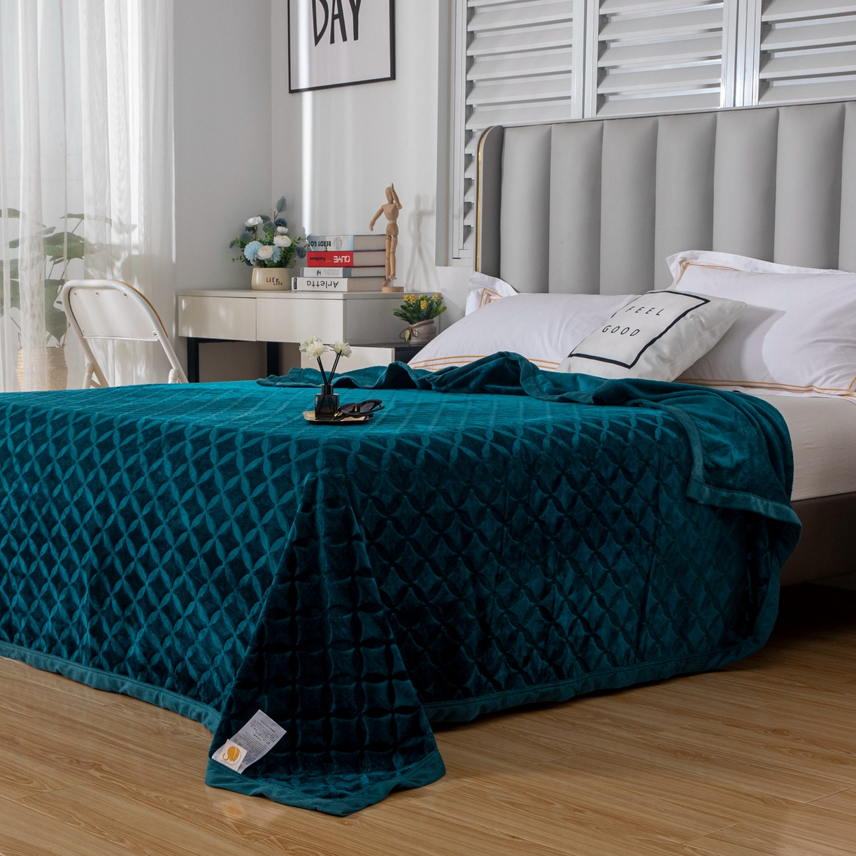 91家纺网 家纺一手货源 找家纺 梵克保罗 2025新款3D立体印花四季盖毯400克 铜钱孔雀绿