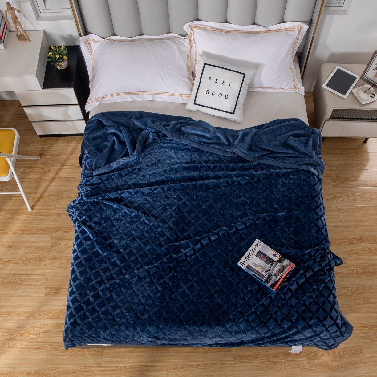 91家纺网 家纺一手货源 找家纺 梵克保罗 2025新款3D立体印花四季盖毯400克 铜钱蓝