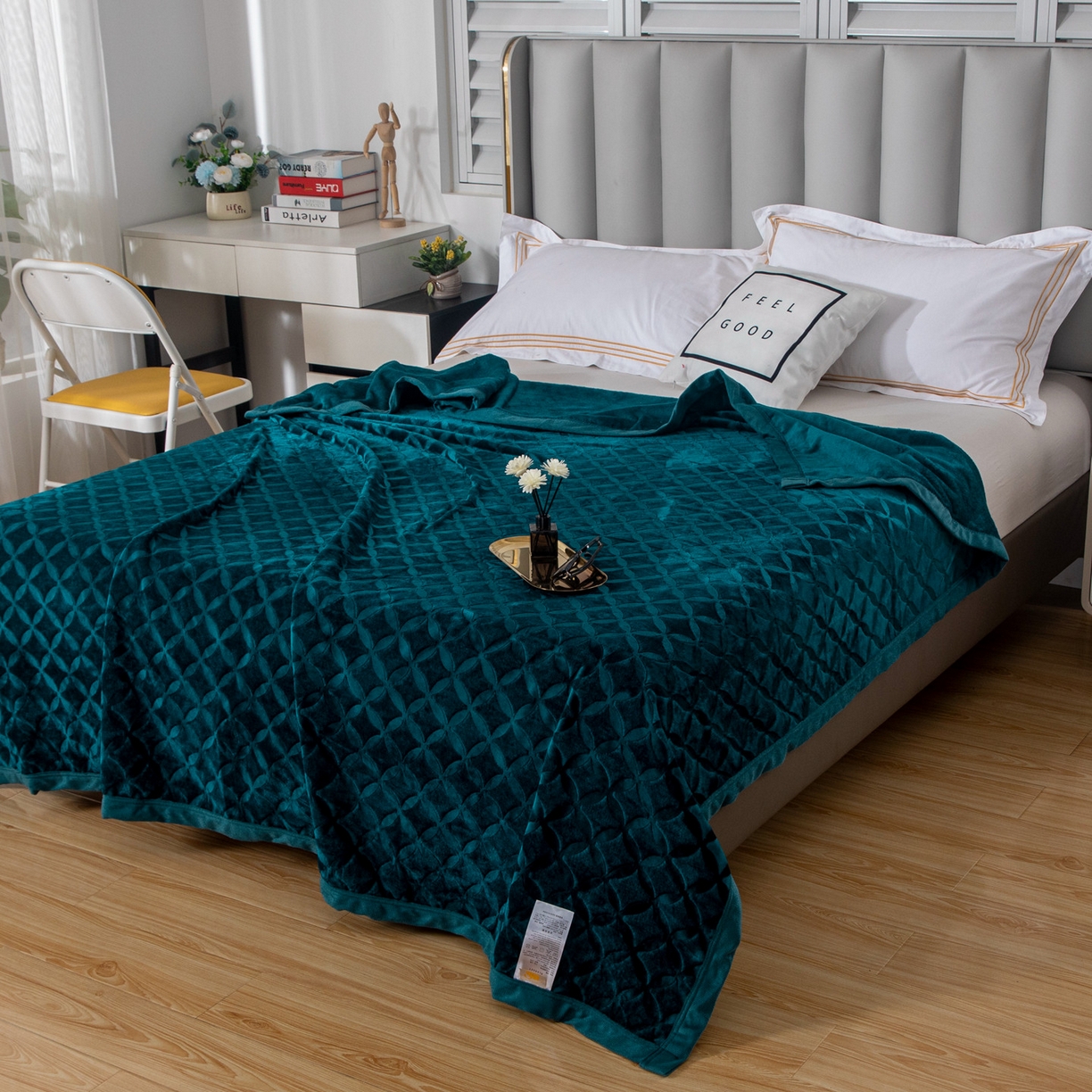 91家纺网 家纺一手货源 找家纺 梵克保罗 2025新款3D立体印花四季盖毯400克 铜钱孔雀绿