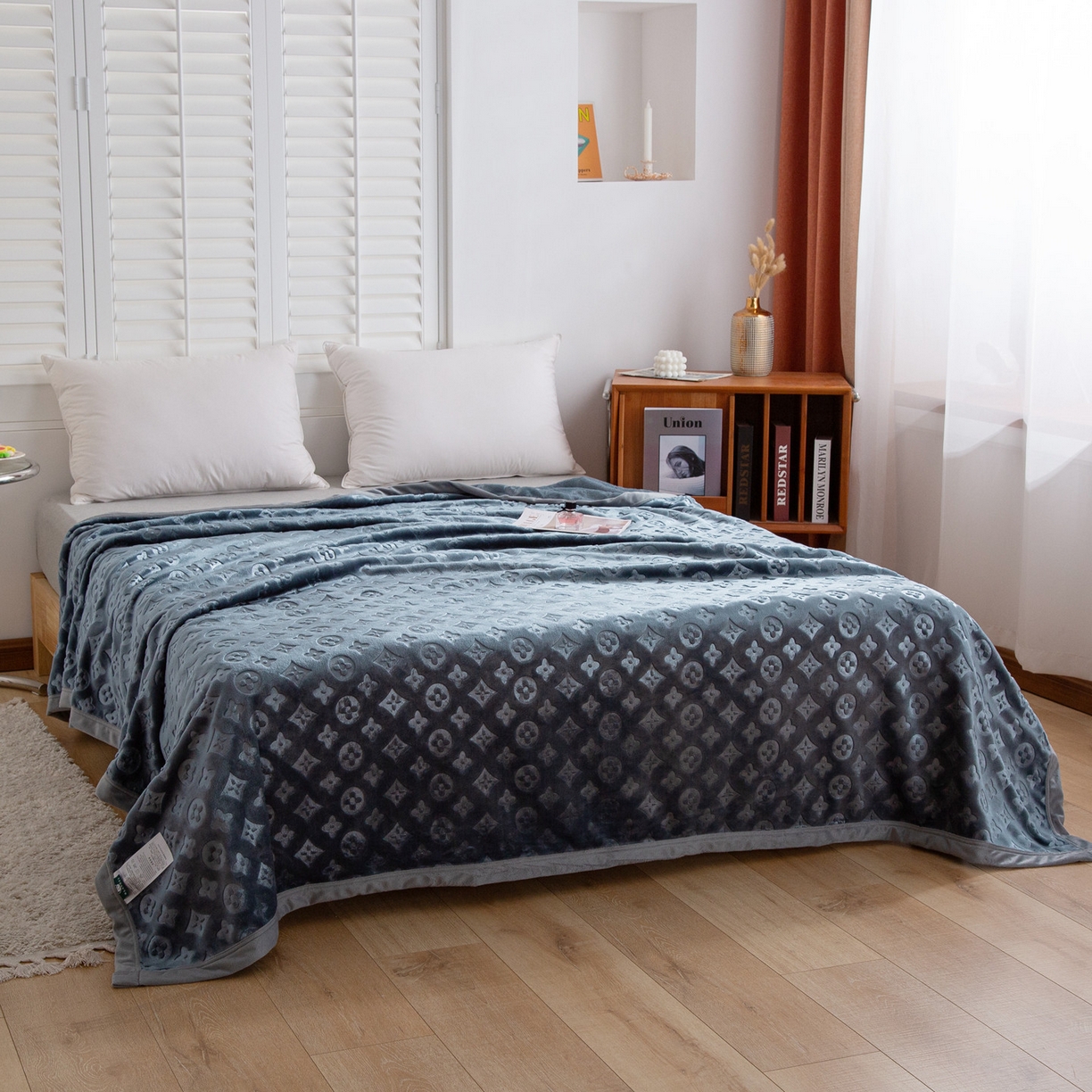 91家纺网 家纺一手货源 找家纺 梵克保罗 2025新款3D立体印花四季盖毯400克 3D灰蓝