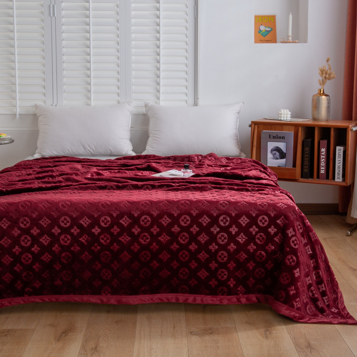 91家纺网 家纺一手货源 找家纺 梵克保罗 2025新款3D立体印花四季盖毯400克 3D酒红