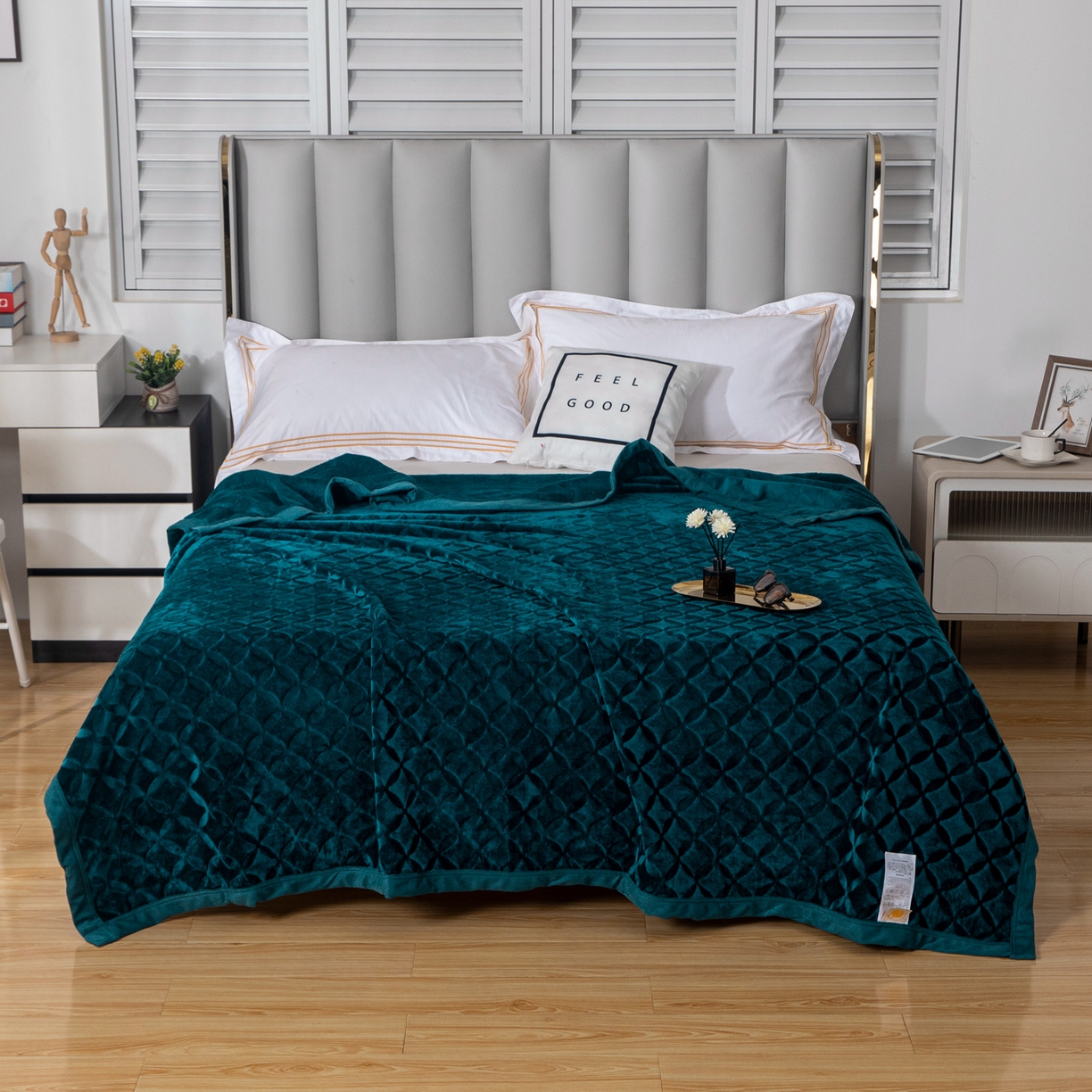 91家纺网 家纺一手货源 找家纺 梵克保罗 2025新款3D立体印花四季盖毯400克 铜钱孔雀绿