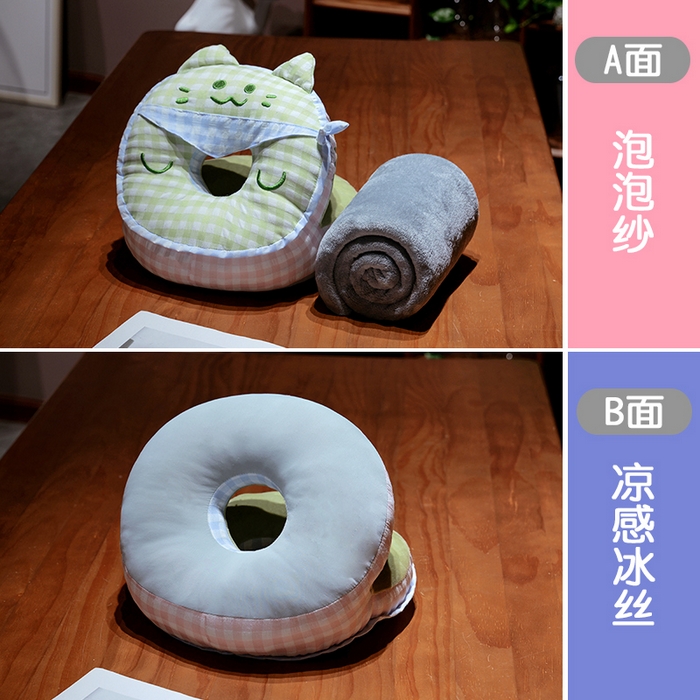 91家纺网 家纺一手货源 找家纺 仟亿莱 2025新款泡泡纱方巾格子喵双面午睡枕 枕头枕芯 双面方巾绿猫
